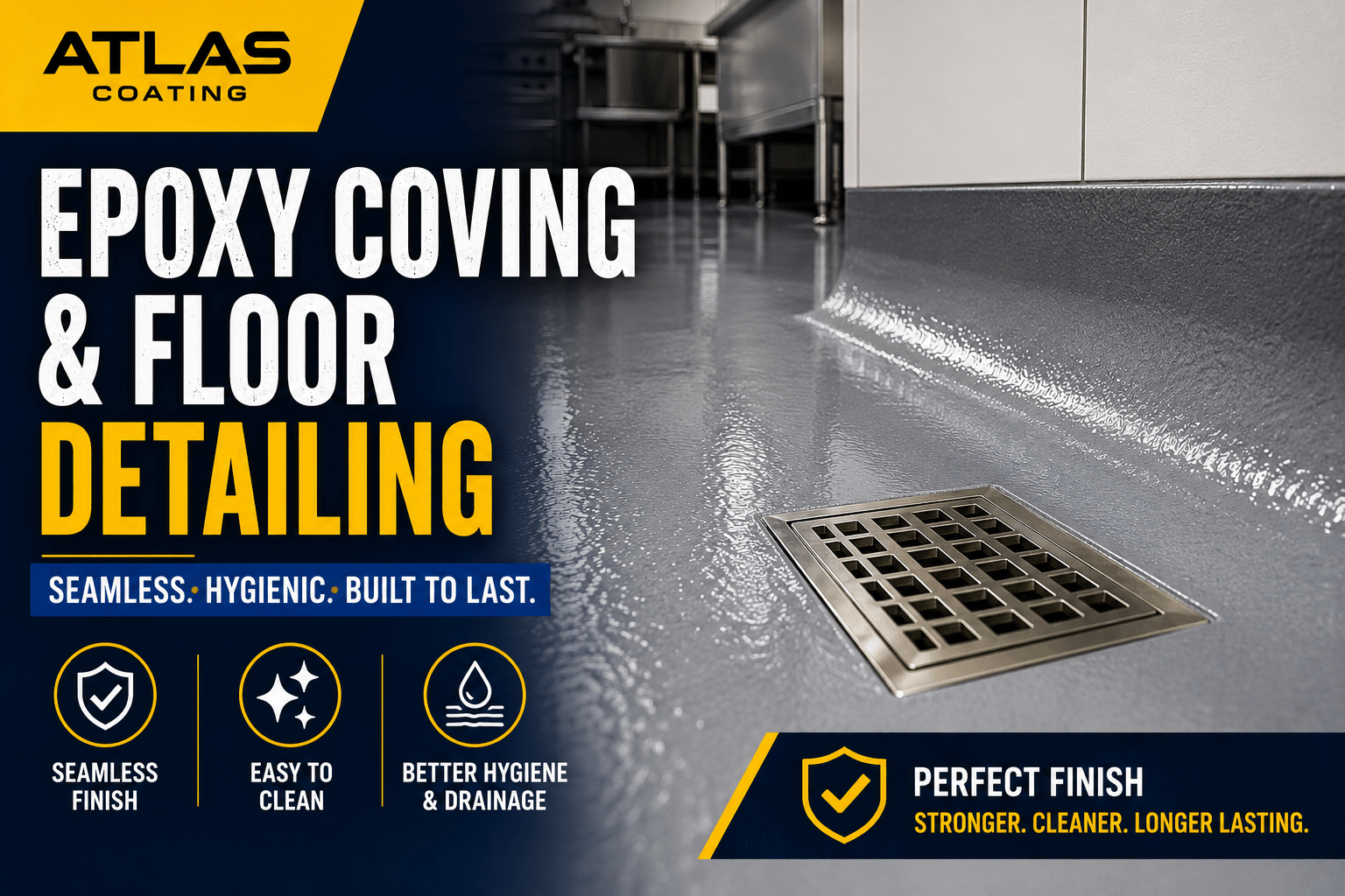 Epoxy coving and floor detailing for commercial kitchen flooring