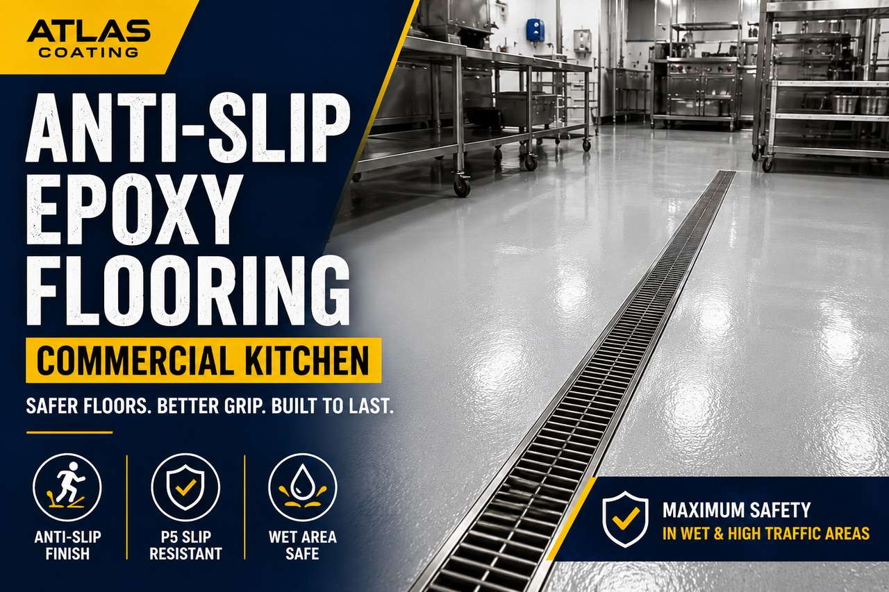 Anti-slip epoxy flooring installation in commercial kitchen