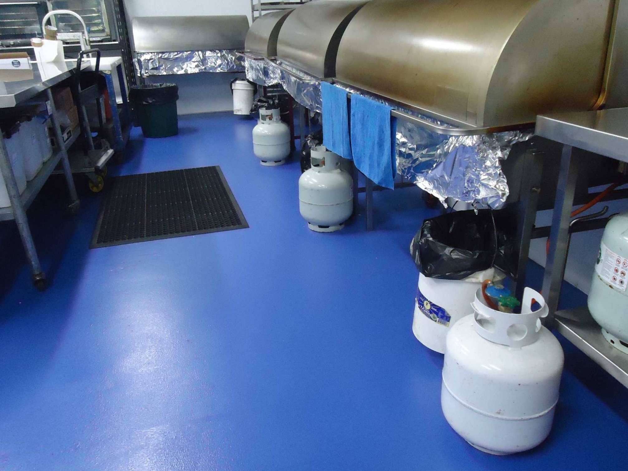 Blue epoxy flooring under commercial kitchen equipment in Sydney