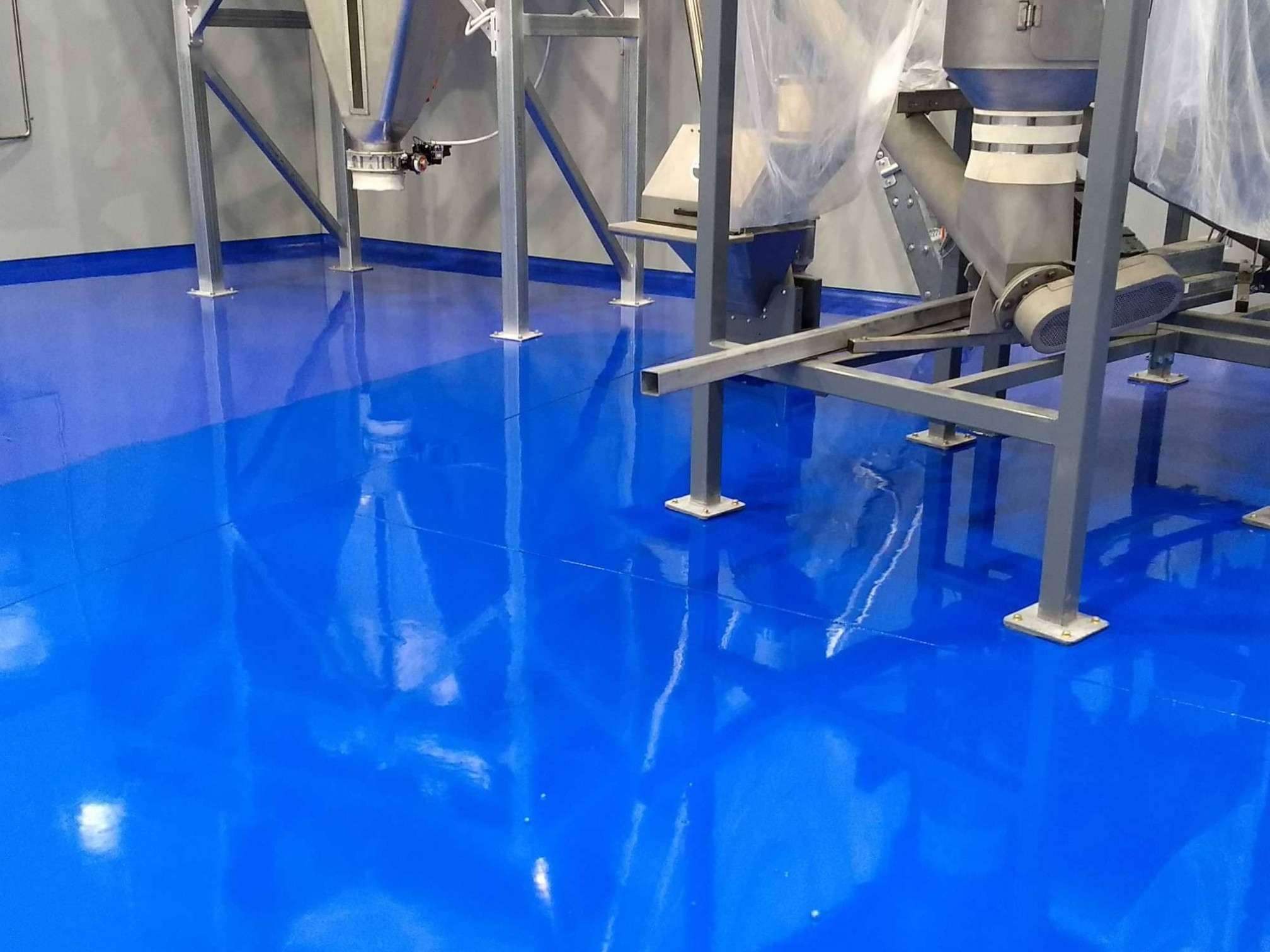 Gloss blue epoxy flooring in food factory production area in Sydney